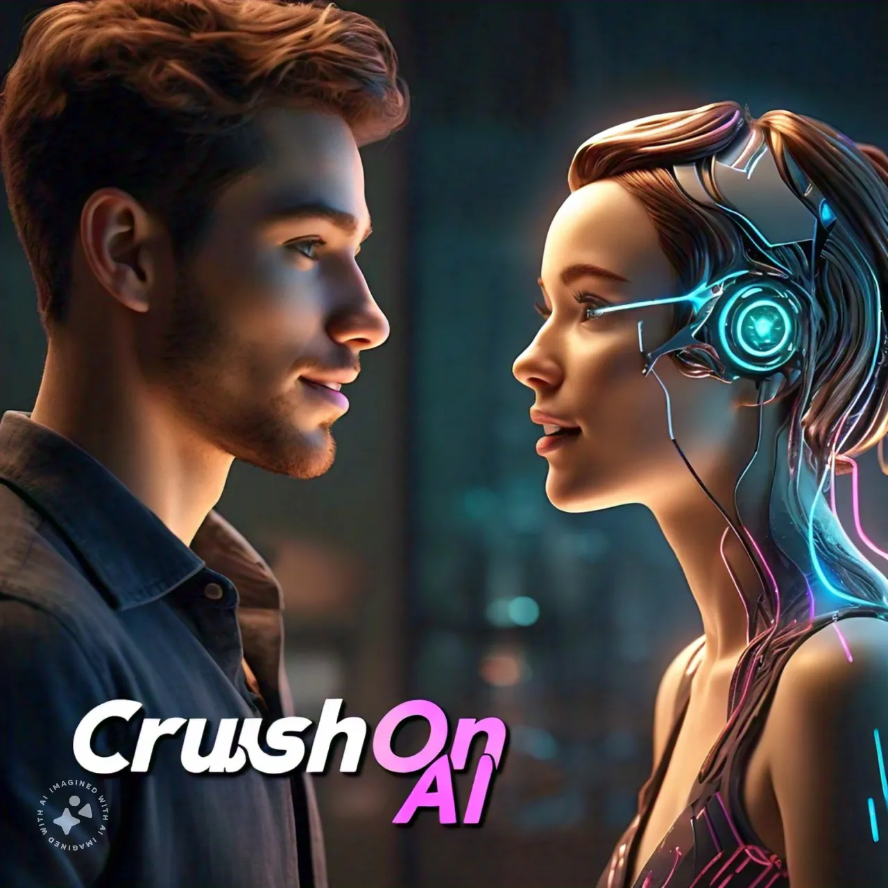 A man and a robotic woman facing each other with the text "CrushOn AI" below. GirlfriendGPT