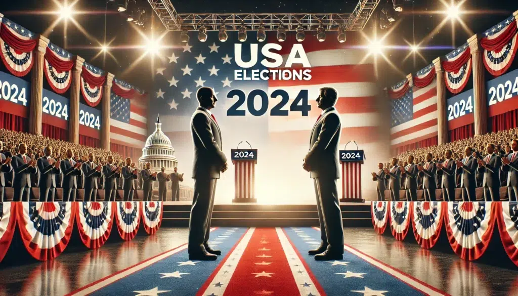 2024 U.S. Presidential Race - A professional banner picture of the USA Elections 2024 featuring two candidates facing each other. The scene is set on a large stage, with an America