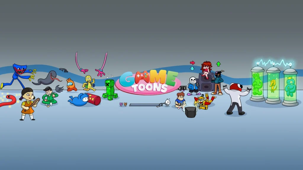 Animated characters from various games gather around a "GameToons" logo. Gametoons