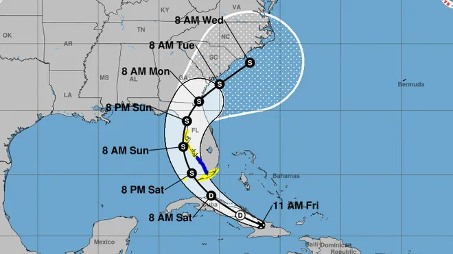 A map showing the projected path of a tropical storm with timestamps over the southeastern United States. Hurricane Helene